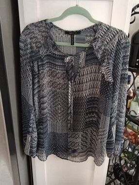 Max Studio Navy and White Printed Long-Sleeve Tie-Neck Blouse